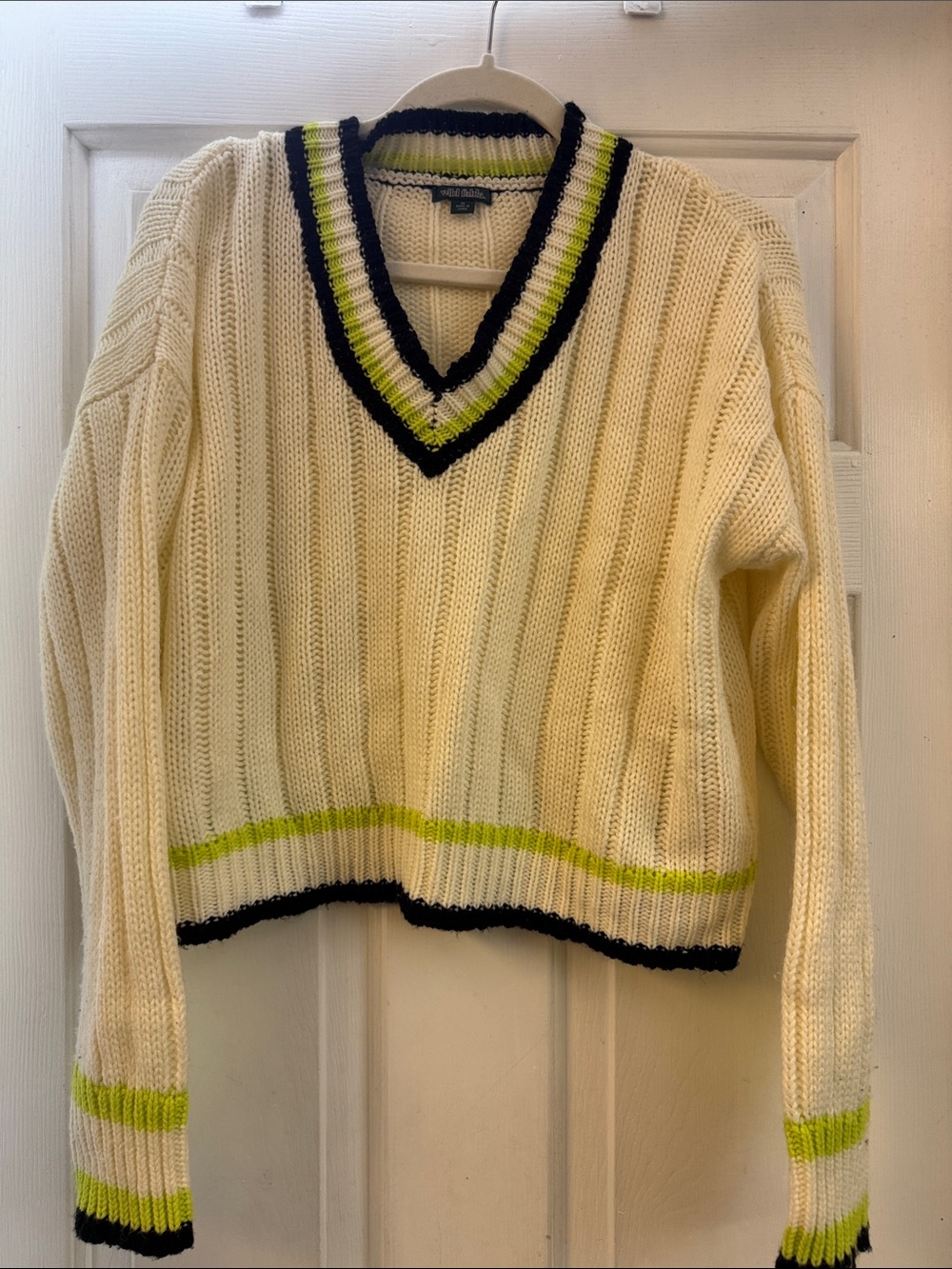 Cream V-Neck Ribbed Sweater with Neon Trim